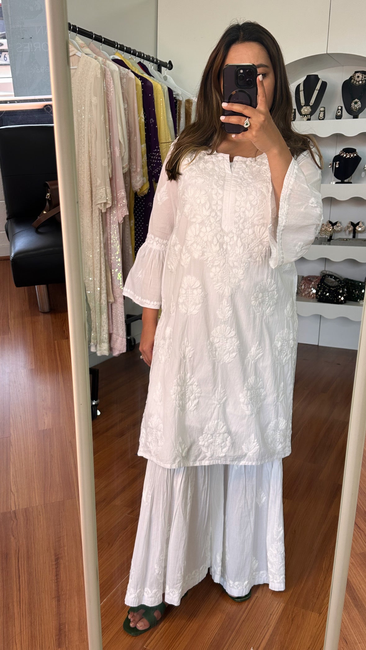 Chikankari handembroidered cotton gharara set - White