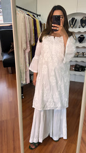 Chikankari handembroidered cotton gharara set - White