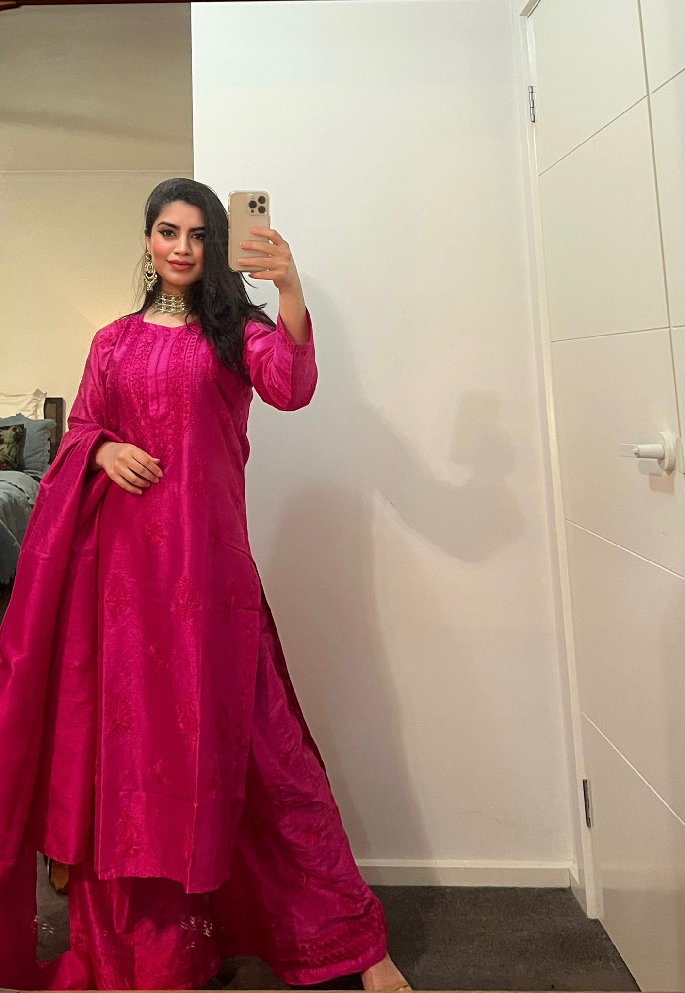 Hot pink chikankari silk set