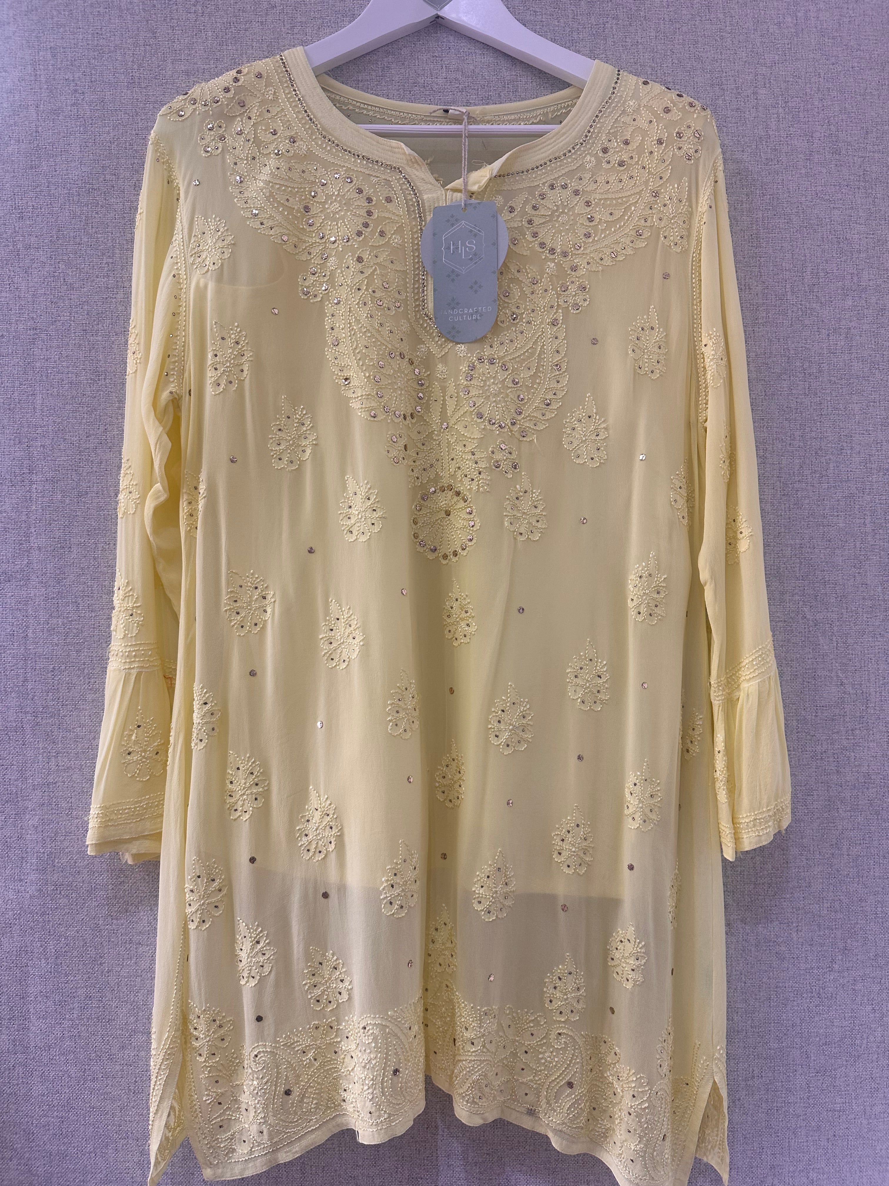 Yellow Chikankari and Mukaish handwork short kurta