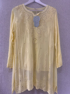 Yellow Chikankari and Mukaish handwork short kurta