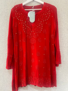 Red Chikankari and Mukaish handwork short kurta