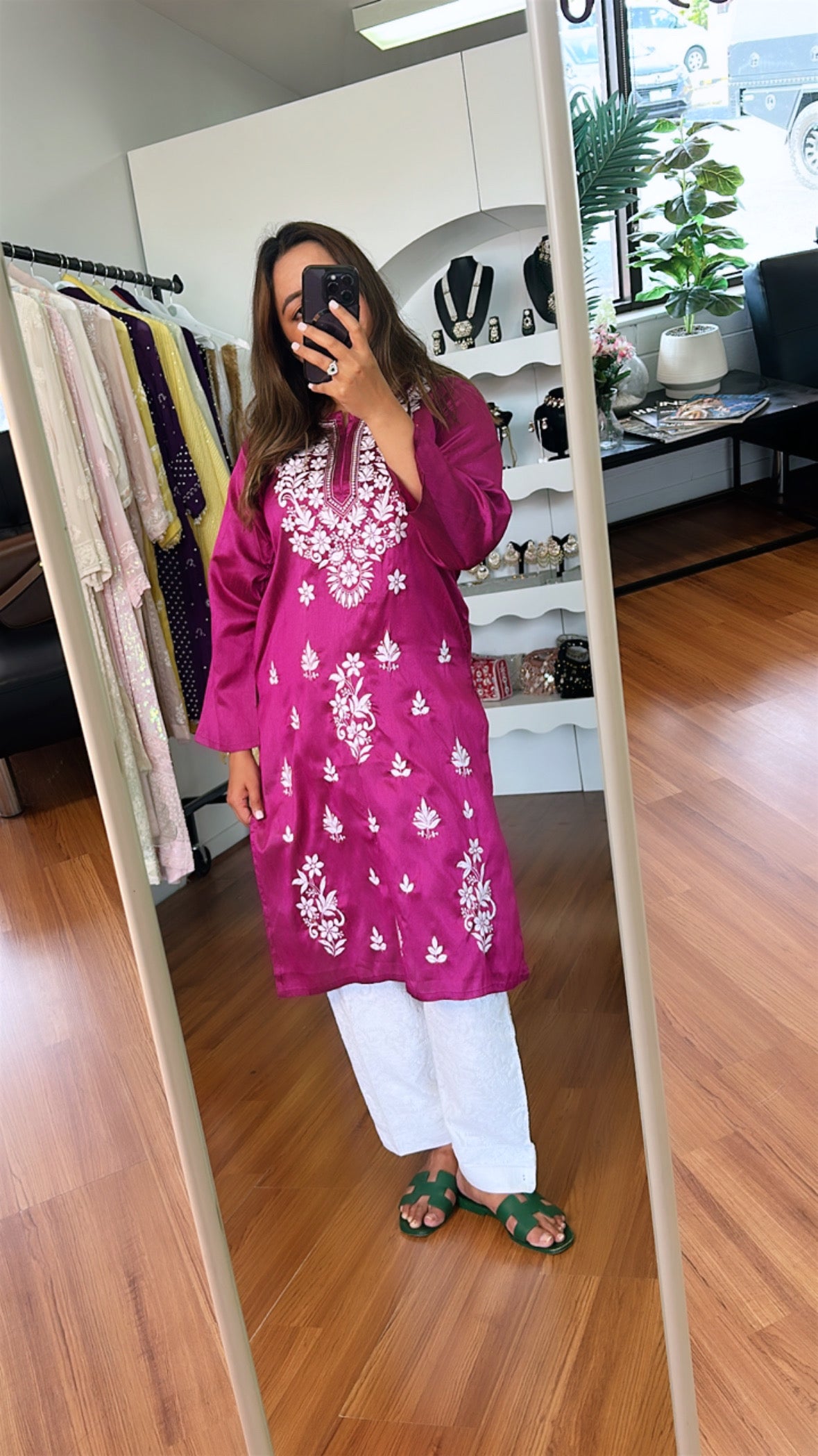 Plum and White Chikankari Silk Kurta