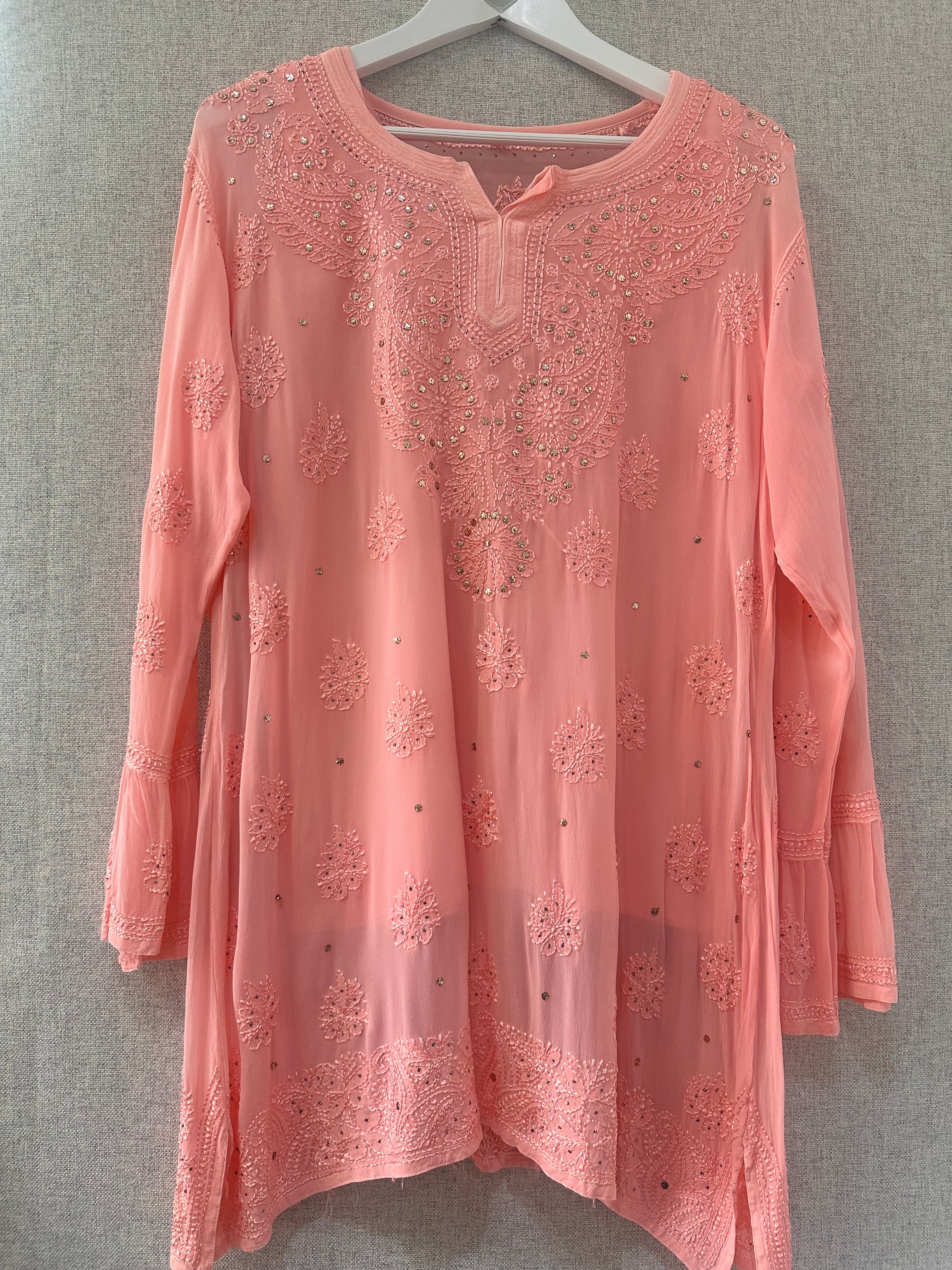 Peach Chikankari and Mukaish handwork short kurta