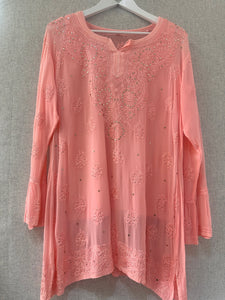 Peach Chikankari and Mukaish handwork short kurta