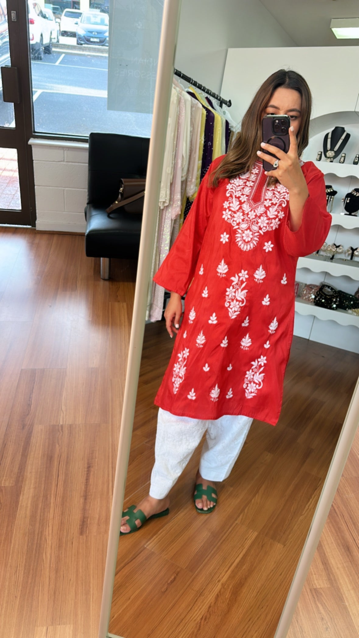 Red and White Chikankari Silk Kurta