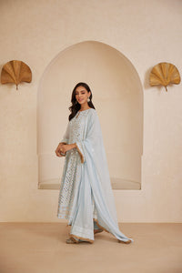 Powder blue anarkali with chikankari, mirror and gotta