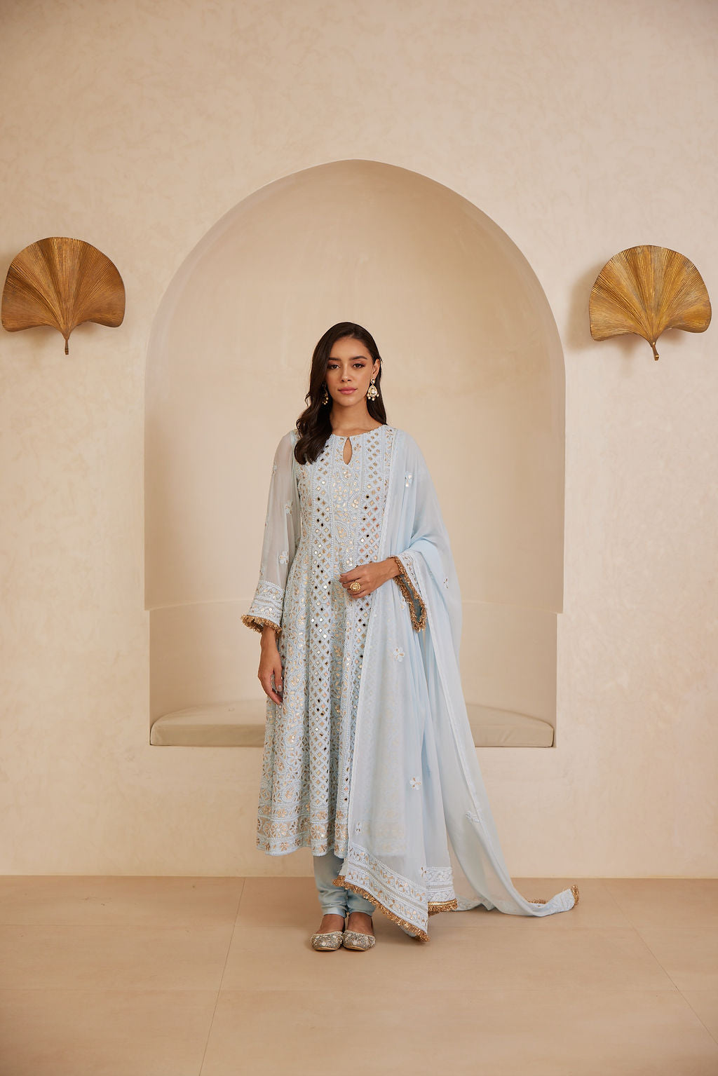 Powder blue anarkali with chikankari, mirror and gotta