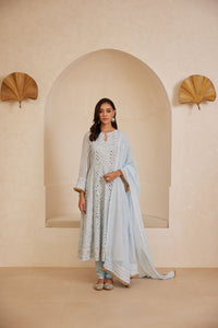 Powder blue anarkali with chikankari, mirror and gotta