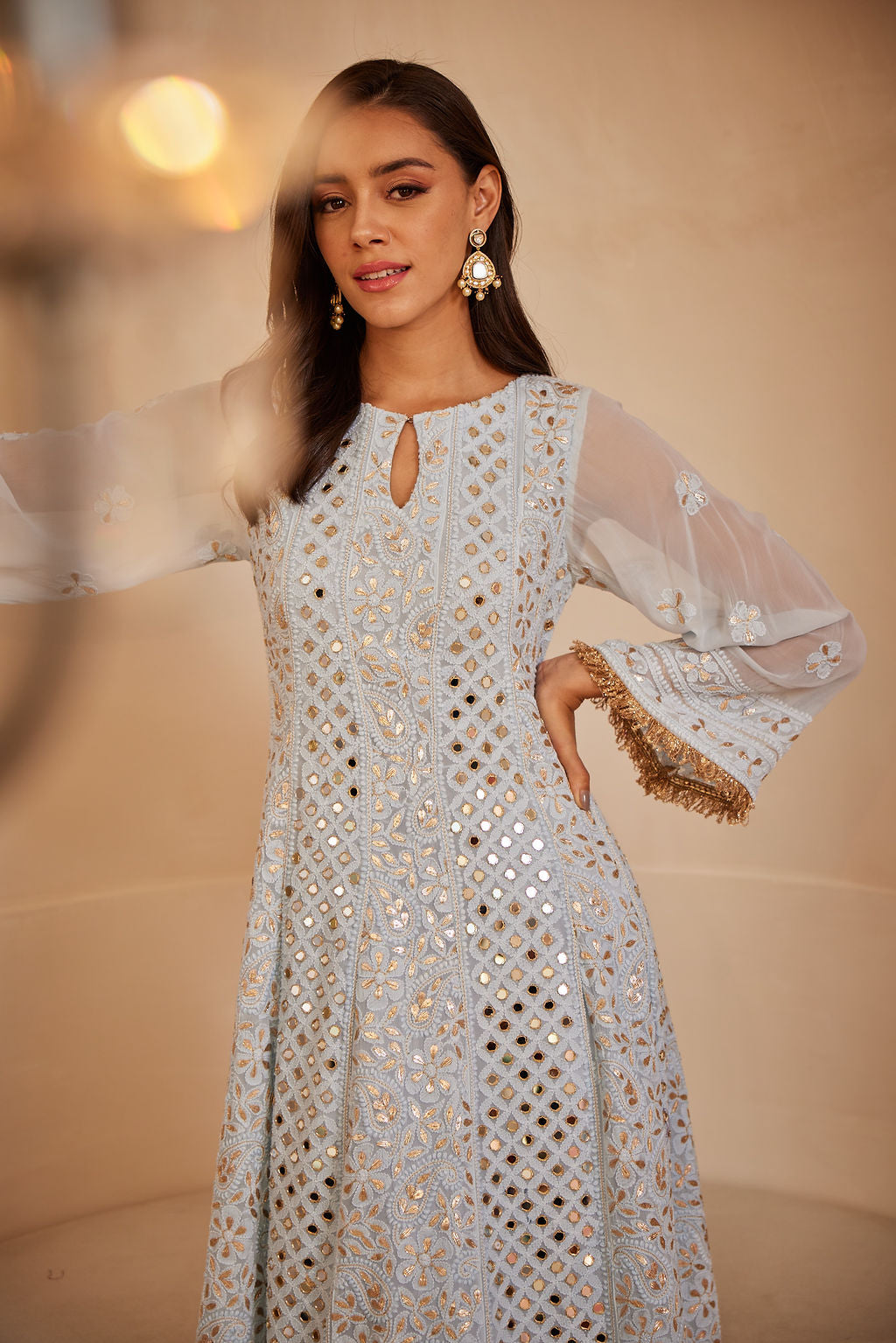 Powder blue anarkali with chikankari, mirror and gotta