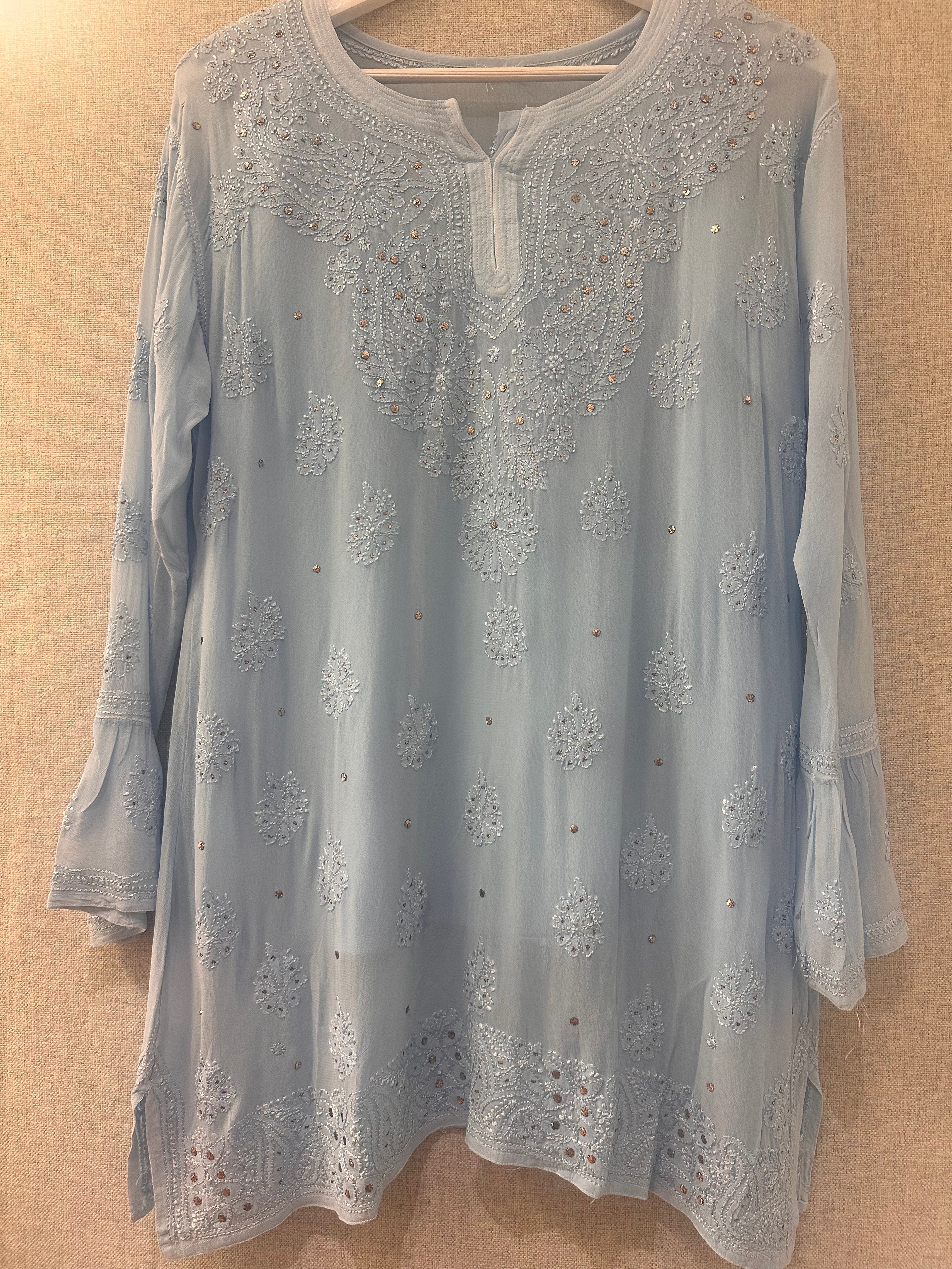 Powder Blue Chikankari and Mukaish handwork short kurta