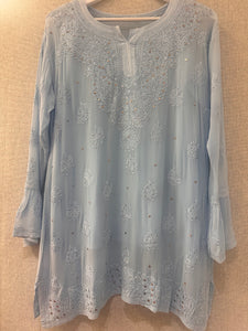 Powder Blue Chikankari and Mukaish handwork short kurta