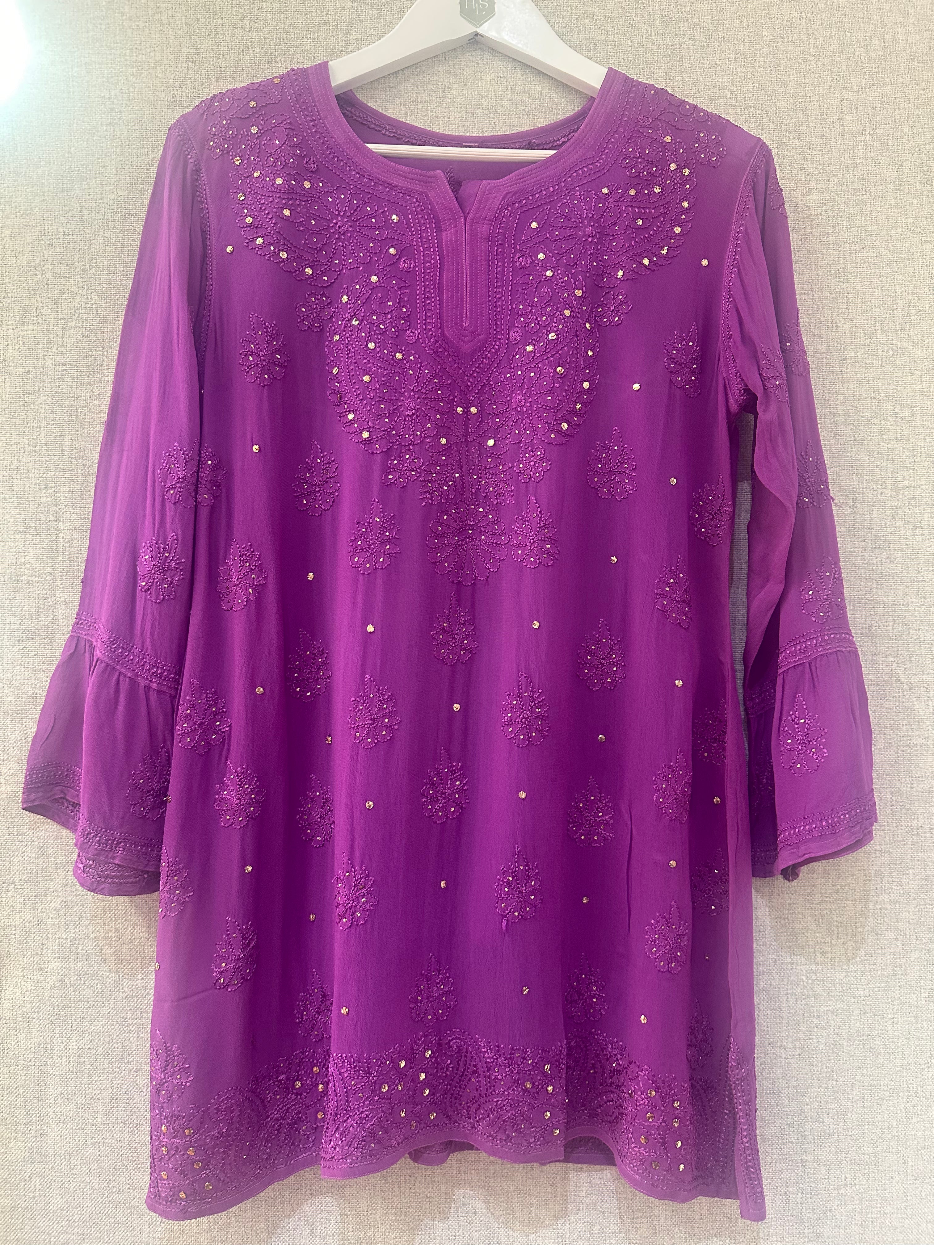 Purple Chikankari and Mukaish handwork short kurta
