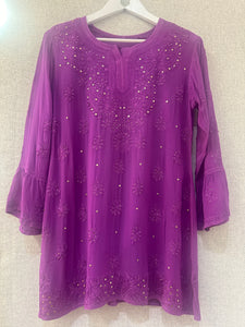 Purple Chikankari and Mukaish handwork short kurta