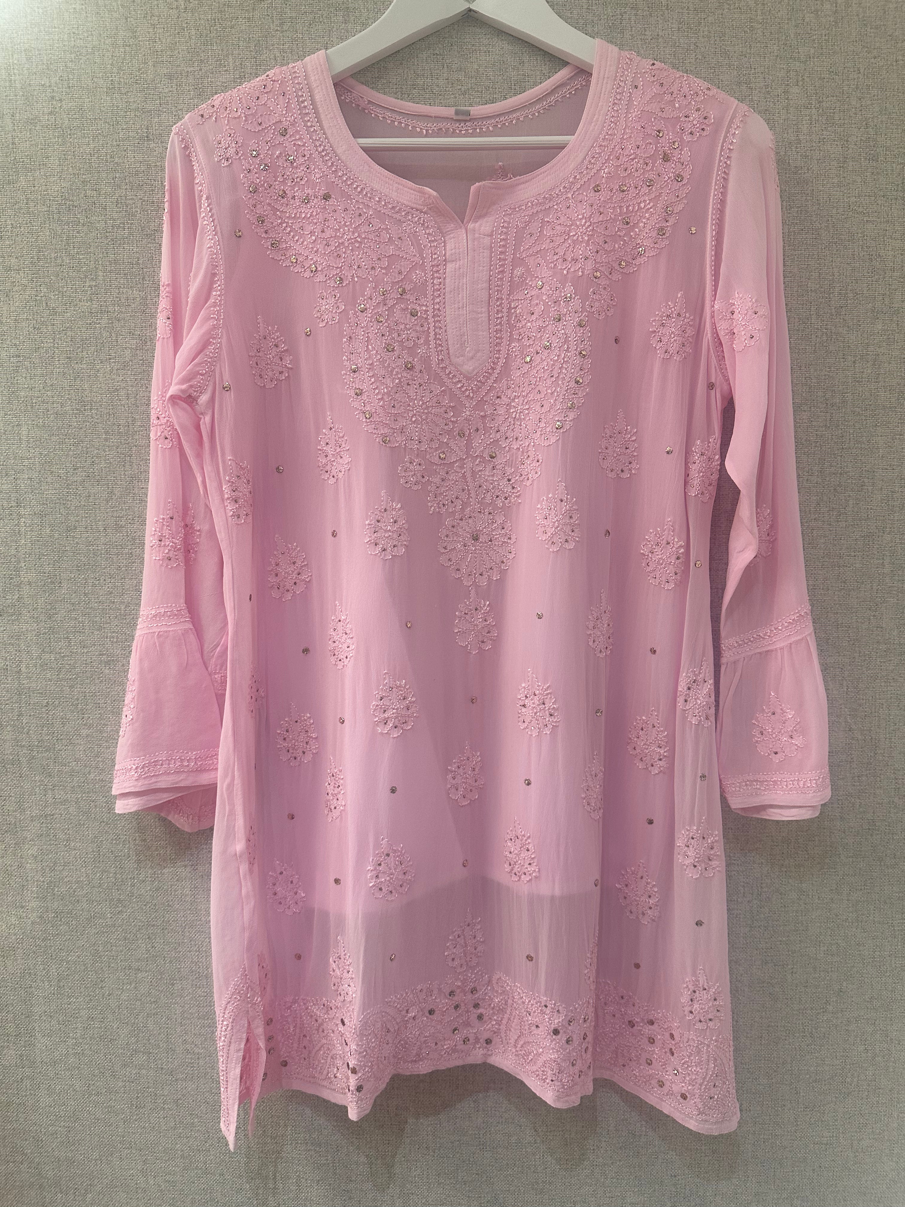Powder Pink Chikankari and Mukaish handwork short kurta