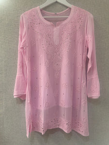 Powder Pink Chikankari and Mukaish handwork short kurta