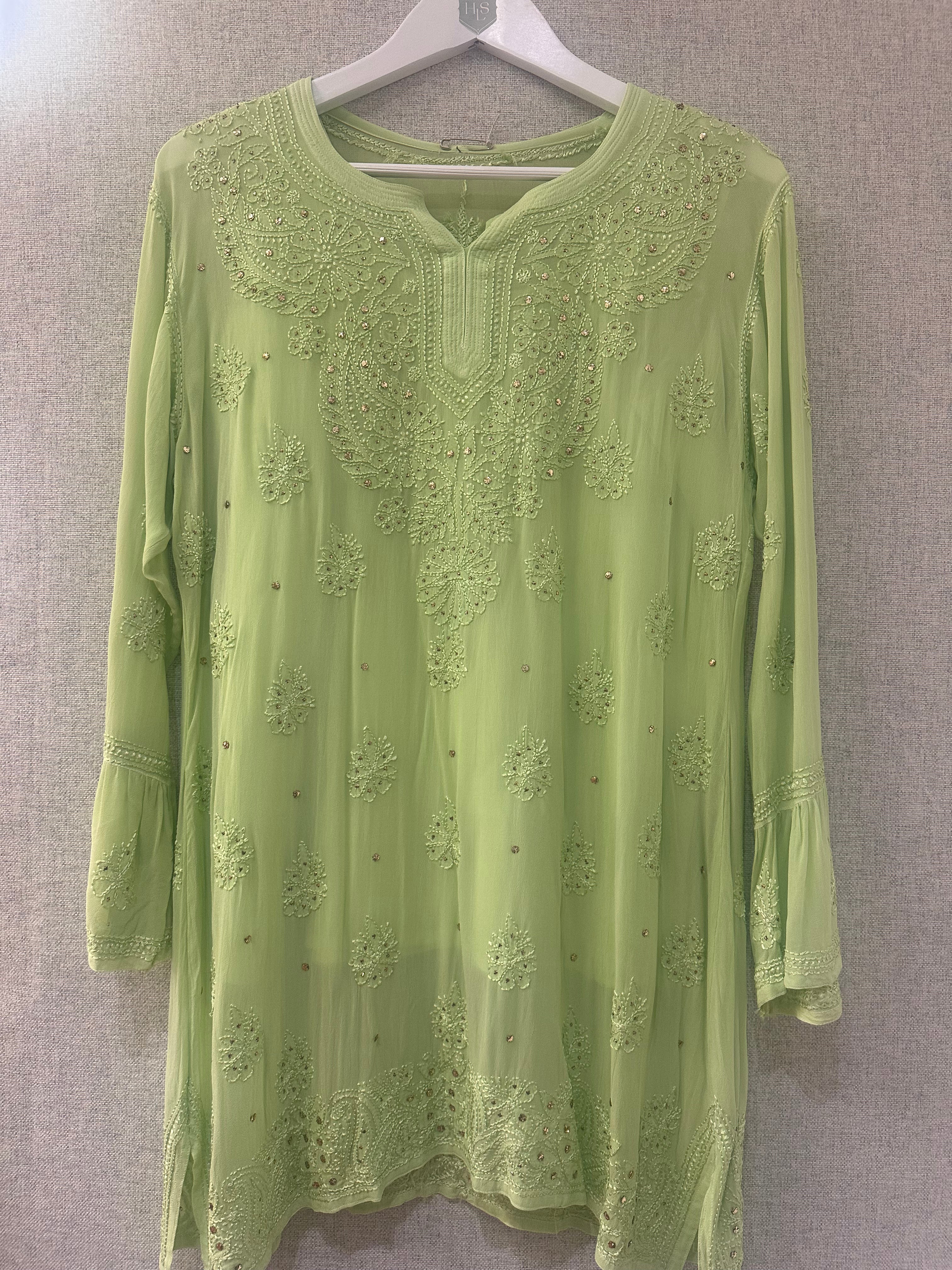 Mint green Chikankari and Mukaish handwork short kurta
