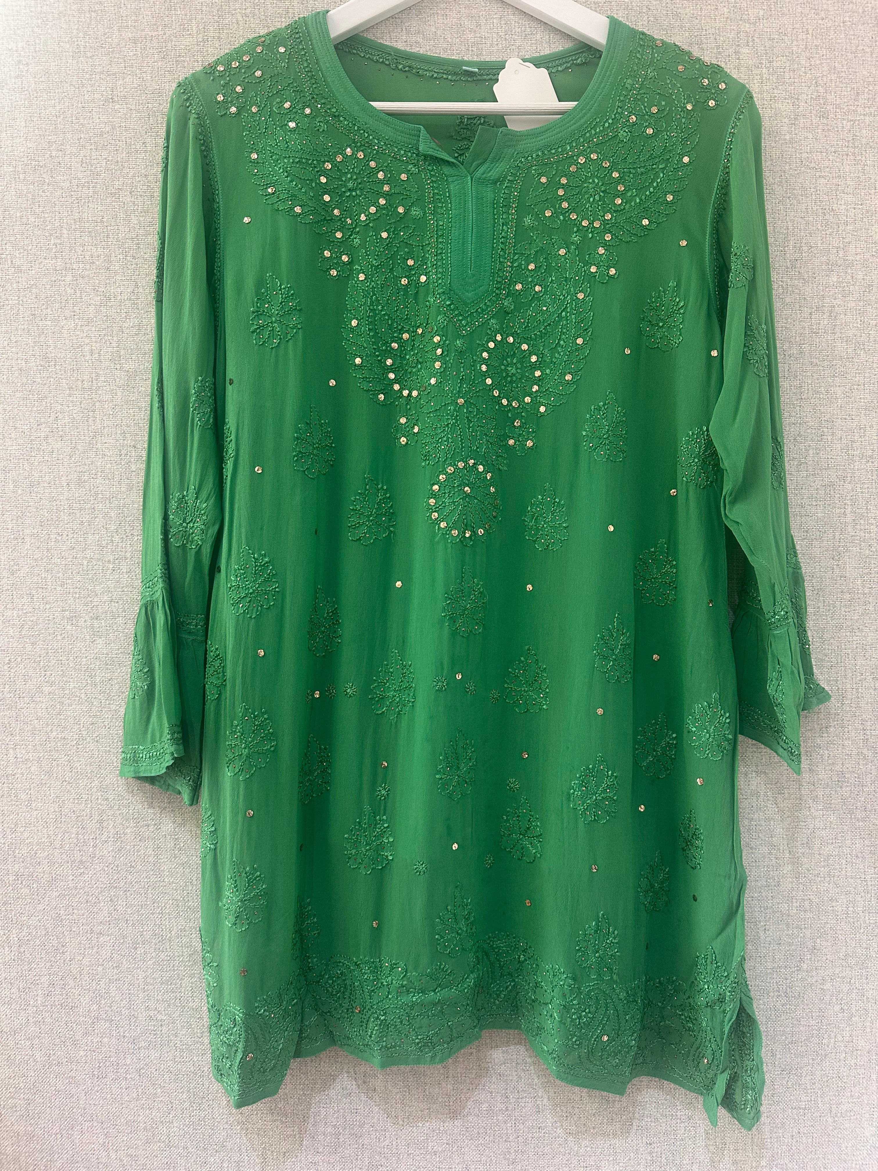 Green Chikankari and Mukaish handwork short kurta