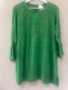 Green Chikankari and Mukaish handwork short kurta