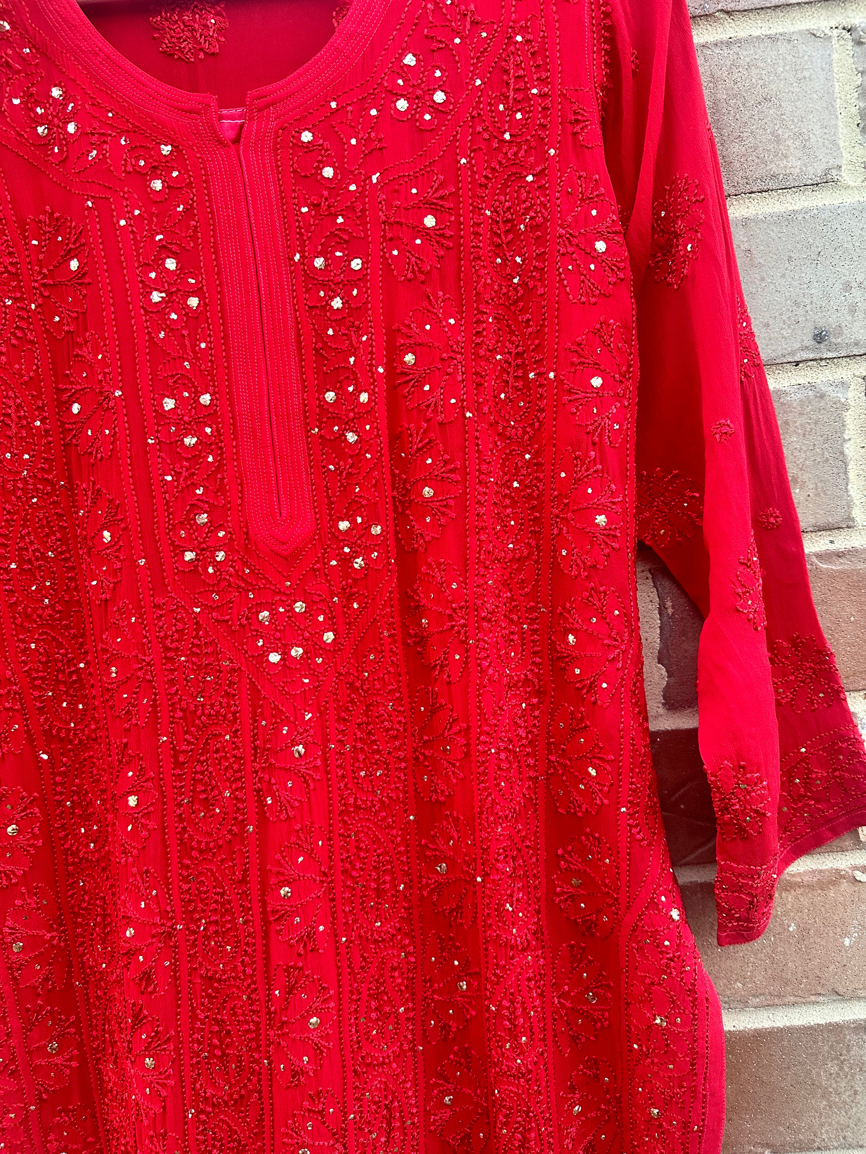 Red Premium Chikankari Georgette Kurta