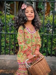 Hand-blockprint Neon Green Gharara Set