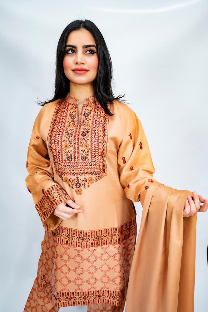 Peachy-Beige winter kanni suit - Knee length shirt with kanni weave pants